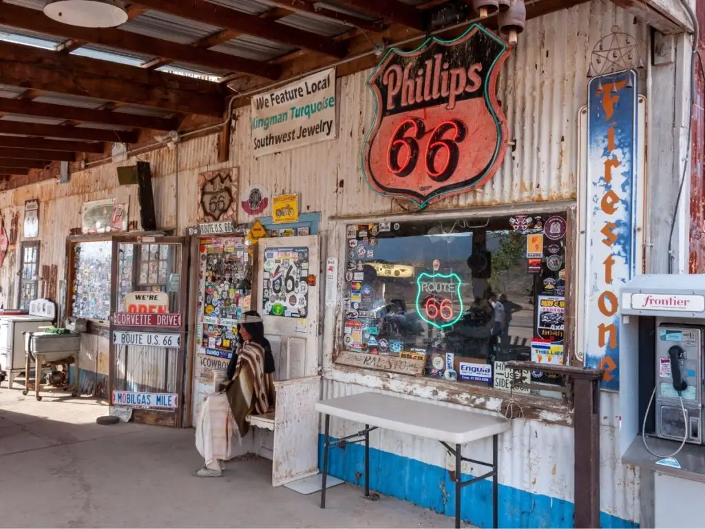 Shop in Arizona with old Route 66 signs and stickers