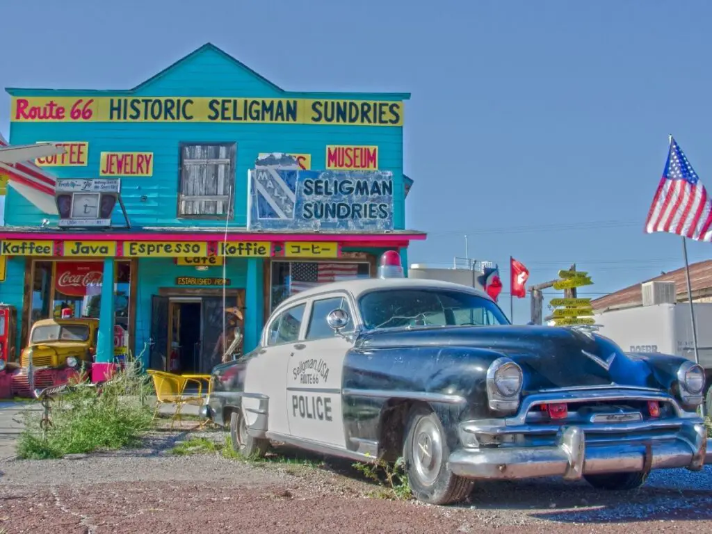 Old car in Seligman on Route 66 that looks like Sheriff from Disney's Cars
