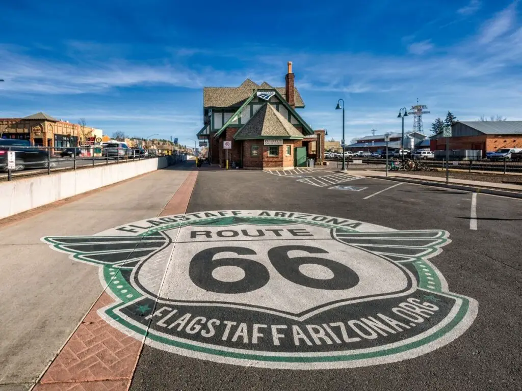 Route 66 sign on road in Flagstaff AZ