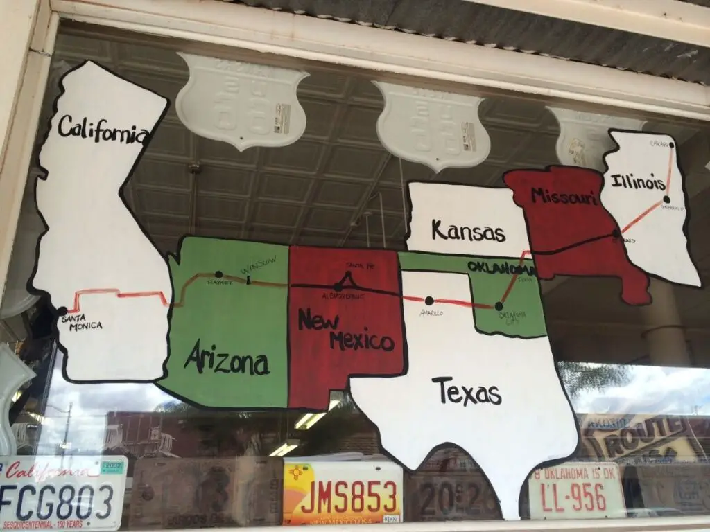 Shop window with States that Route 66 goes through