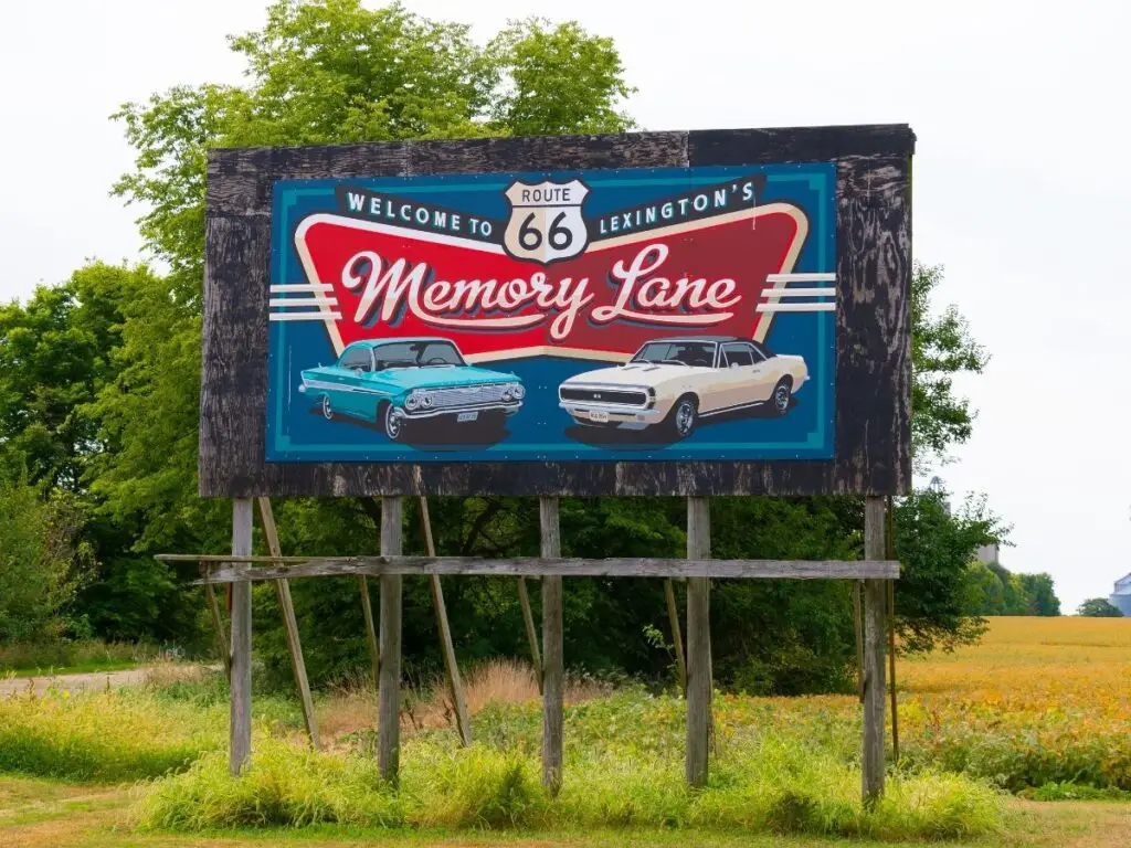 Old sign on Route 66 Memory Lane in Lexington Illinois