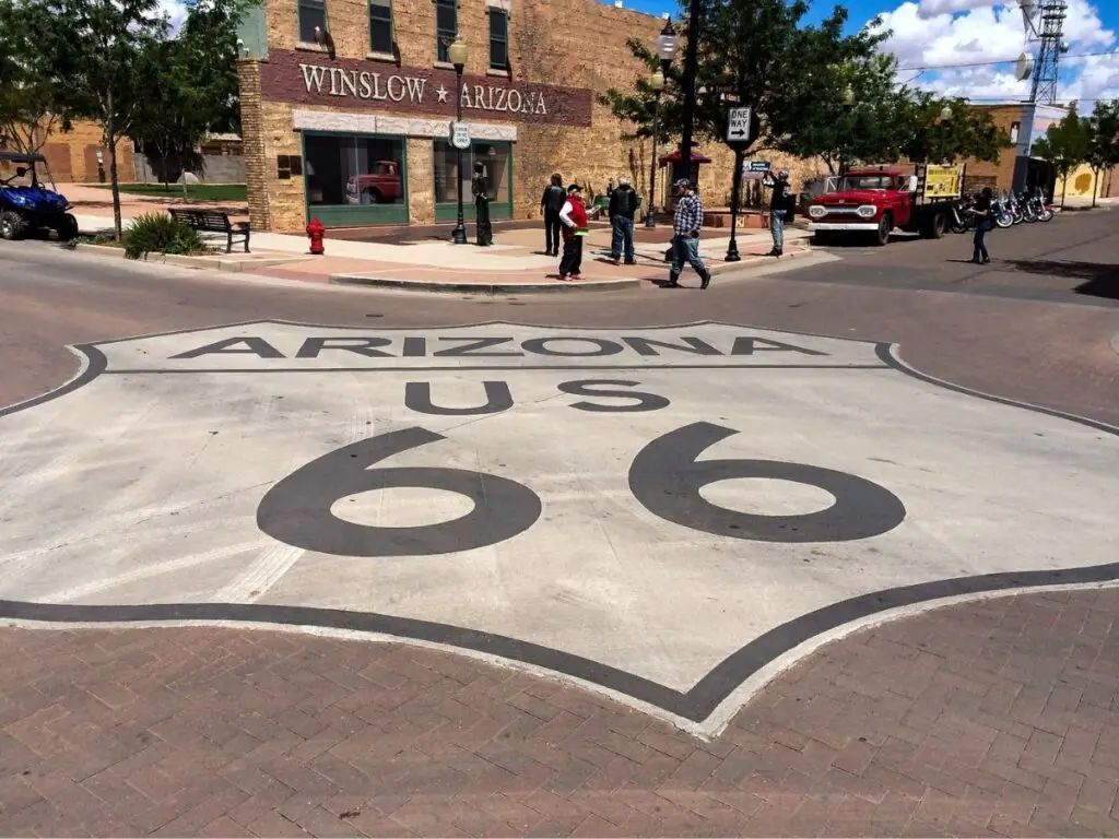 Large Route 66 sign on the road in Winslow AZ