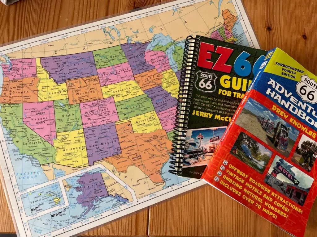 Route 66 guide books and map of the USA
