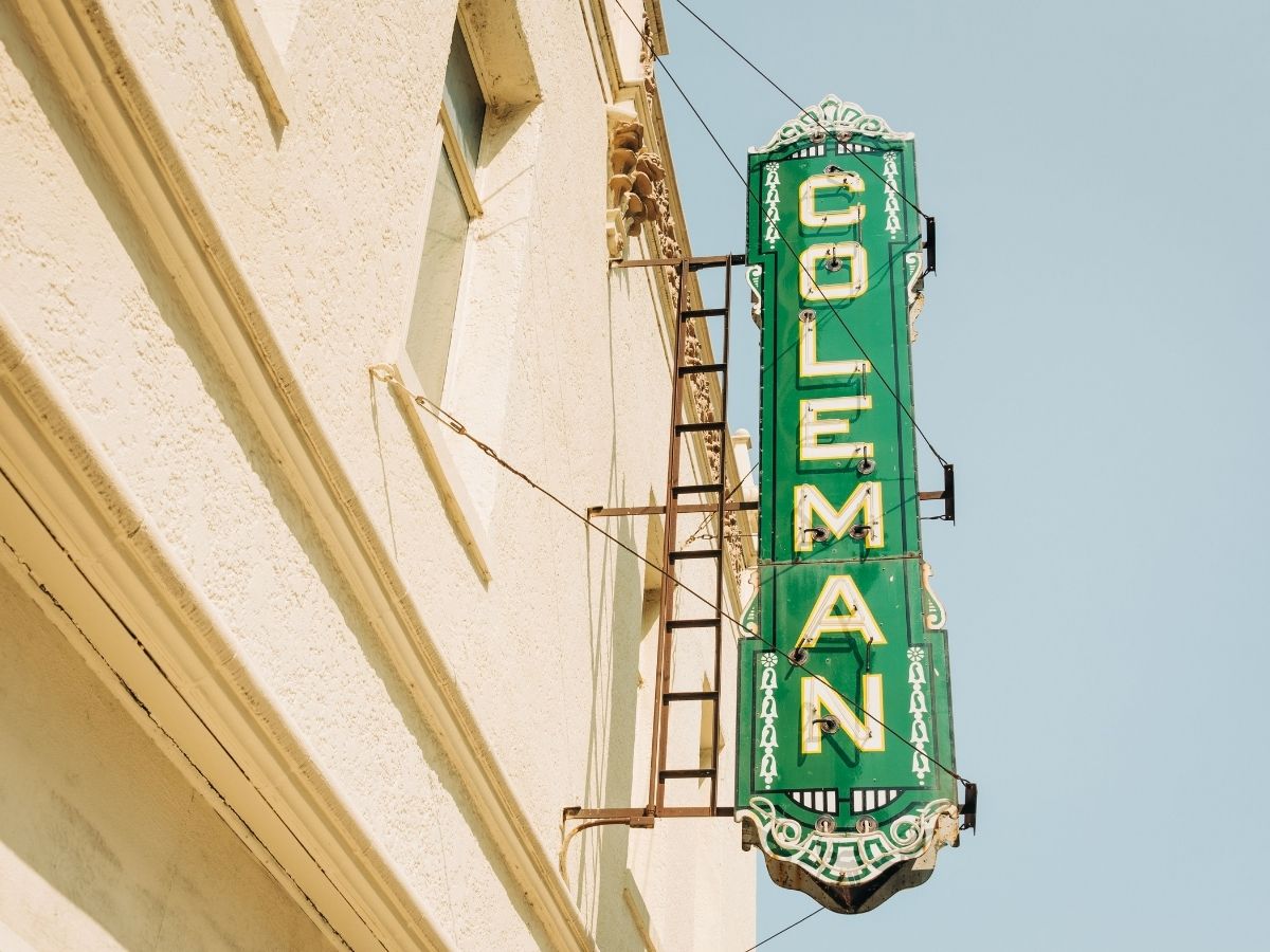 Sign for the 1920s Coleman theatre in Miami Oklahoma