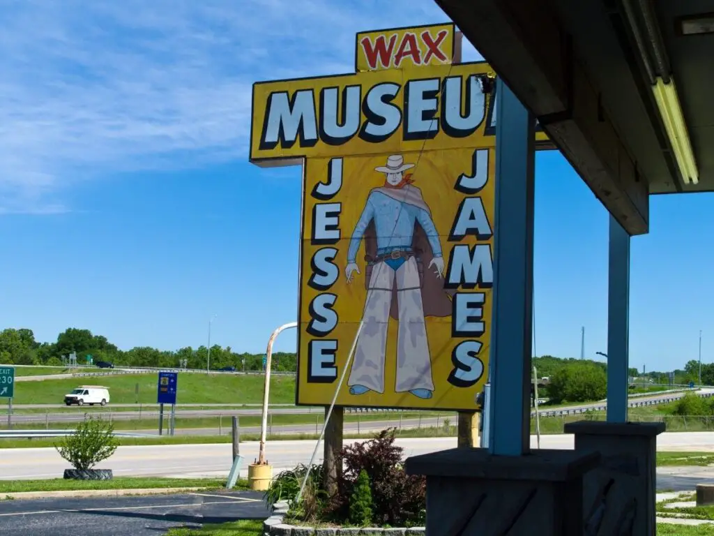Sign for Jesse James Wax museum on Route 66 in Missouri