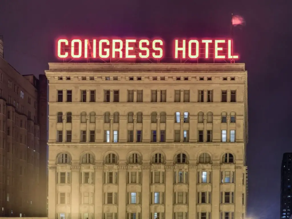 Historic Congress Plaza Hotel at night time