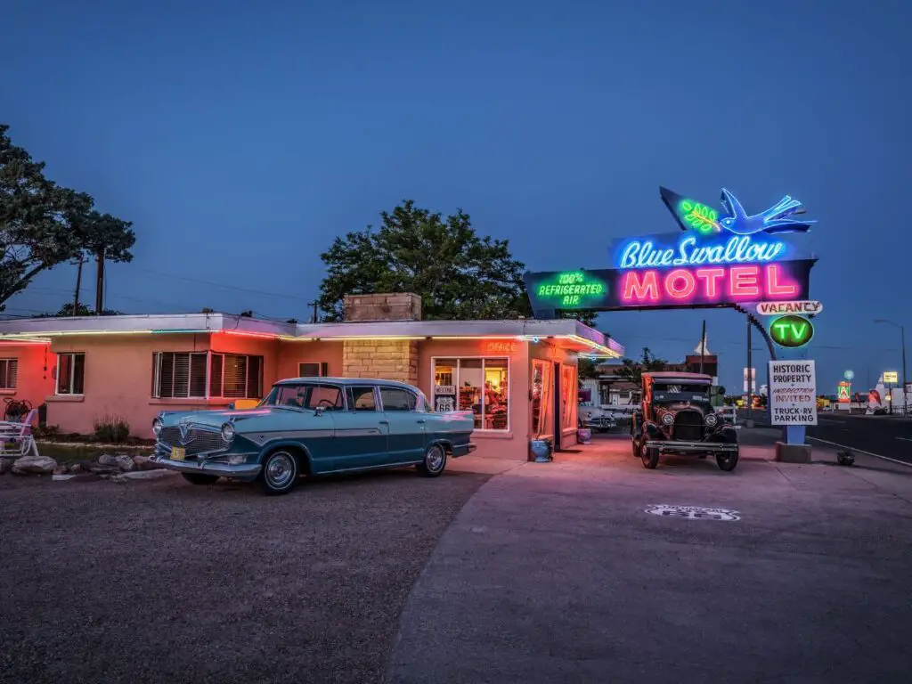 Night time at motel on Route 66 with neon signs
