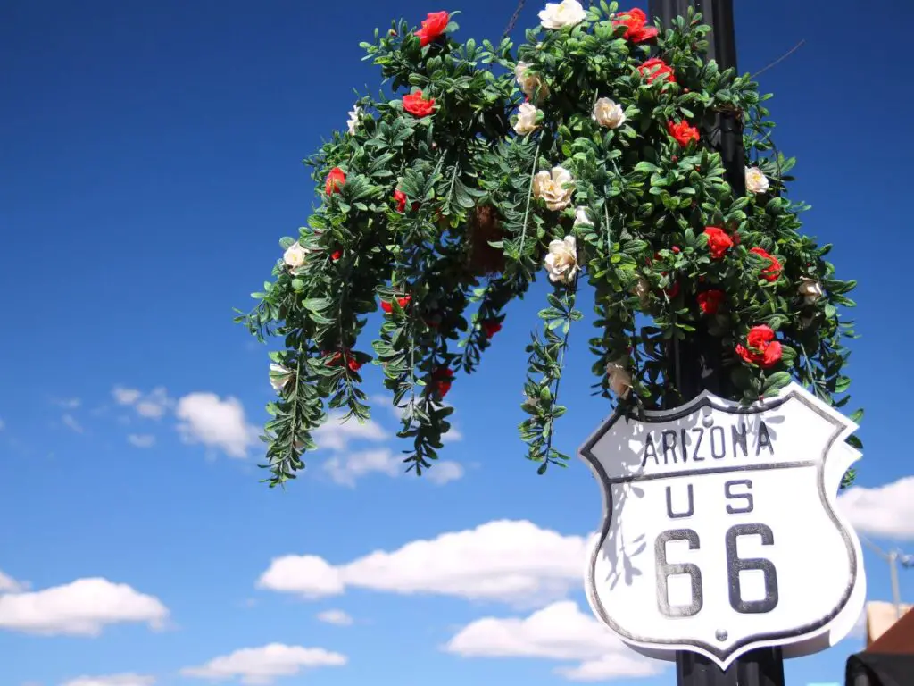 Flowers on a sign on Route 66 in Spring