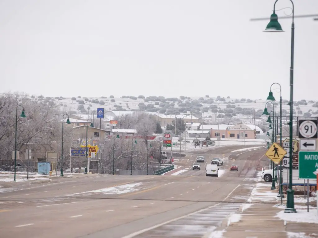 Town in New Mexico on Route 66 with snow