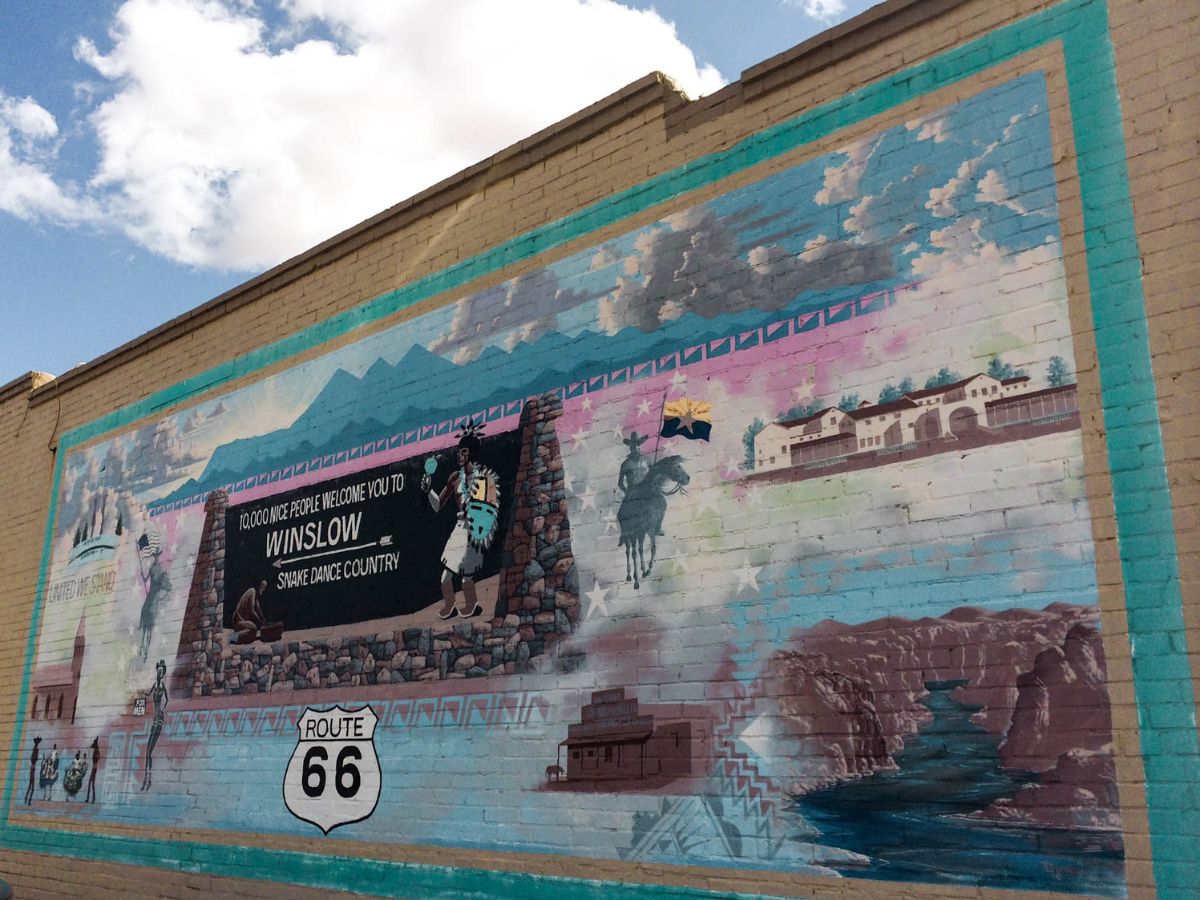 Mural in Winslow Arizona showing Route 66
