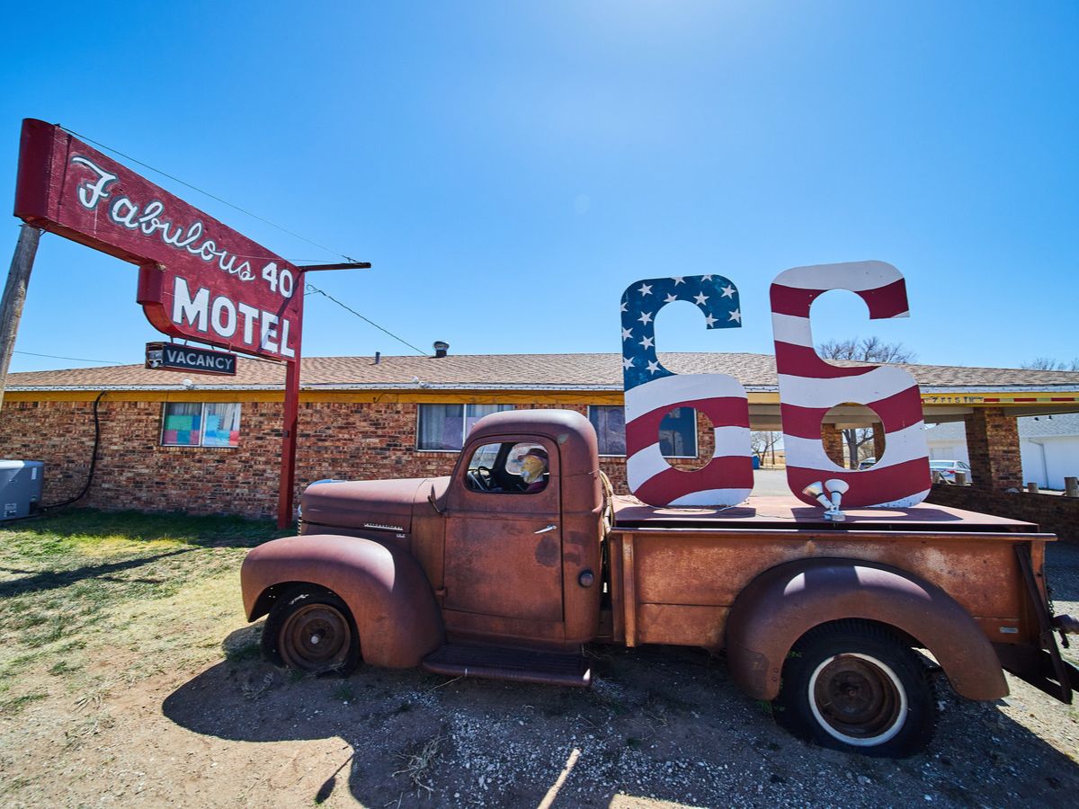 Old car outside a vintage motel on Route 66